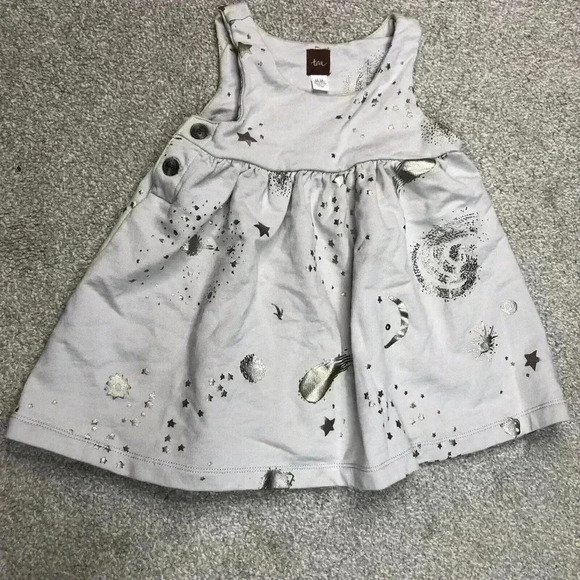 Tea Girls Dress 12 - 18 Months Grey Color Silver Print Cotton - Picture 1 of 10